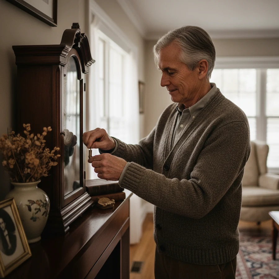 Person in their sixties winding a mantel clock, a small daily ritual that supports memory and routine