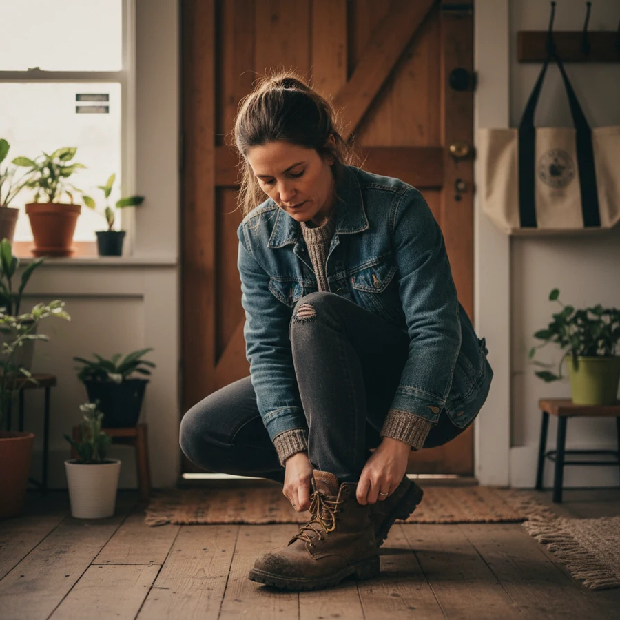 Person in their thirties lacing boots to head out for a walk, a simple habit that supports a longer attention span