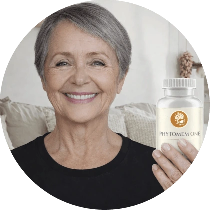 Smiling woman holding a bottle of Phytomem One at home